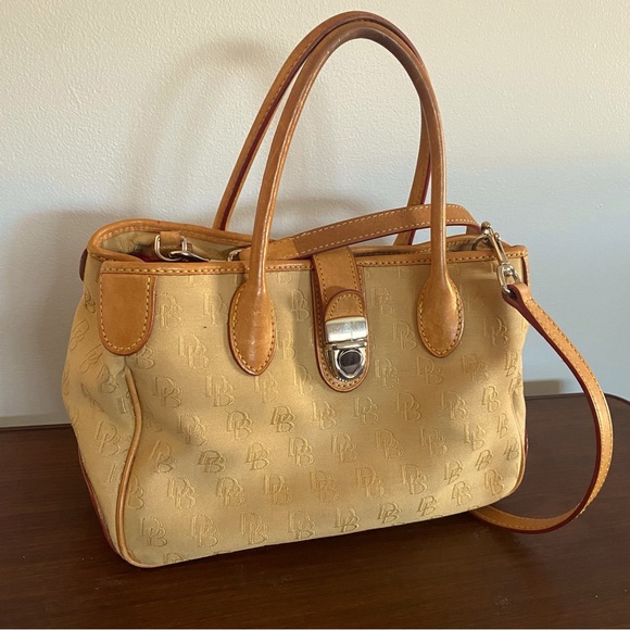 Dooney & Bourke Handbags - Dooney & Bourke hand/shoulder bag, tan, monogram w/removable shoulder strap